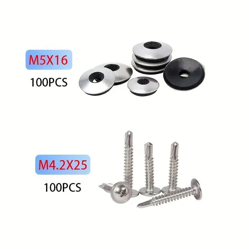 100 sets of stainless steel self-drilling screws with washers kits，rubber drilling screw dovetail