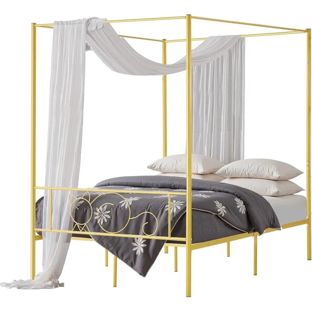 Full Size Metal Canopy Bed Frame with Minimalist Headboard, Four Posts, Steel Slats, Storage Space, No Box Spring Needed, Easy A