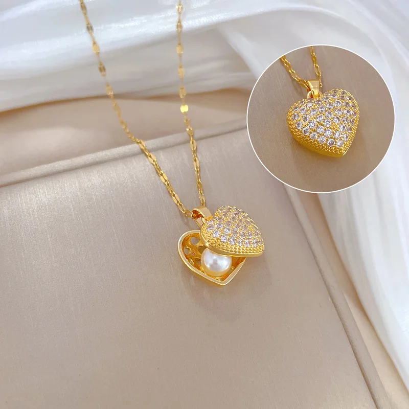 Temperament Full Zircon Heart Pearl Pendant Necklace for Women Luxury Gold Color Stainless Steel Shell Chokers Jewelry Fastness