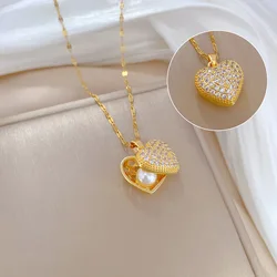 Temperament Full Zircon Heart Pearl Pendant Necklace for Women Luxury Gold Color Stainless Steel Shell Chokers Jewelry Fastness