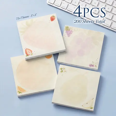 4pcs Fruit Watercolor Sticky Notes Set, Cute Aesthetic Self Stick Memo Pads, Strawberry Peach Grape Lemon Pear Notepads