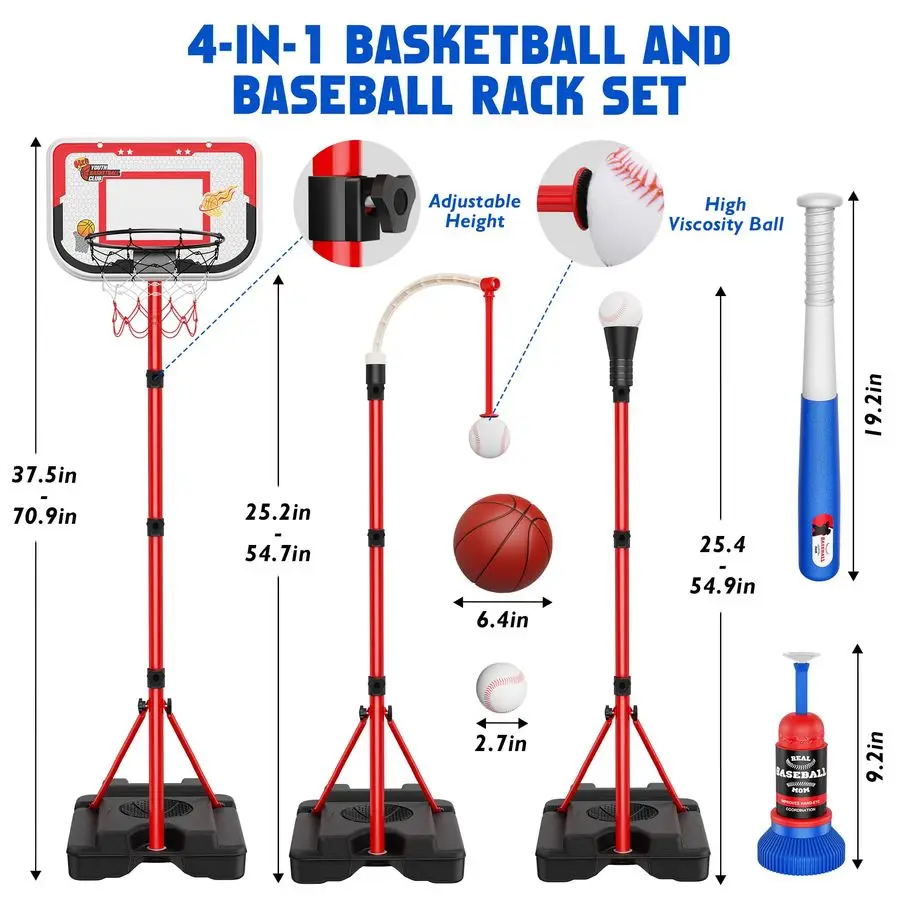 in 1 Kids Basketball Hoop and TBall Set Adjustable Hanging TBall Stand with Automatic Pitching Machine, Indoor Outdoor Sports To