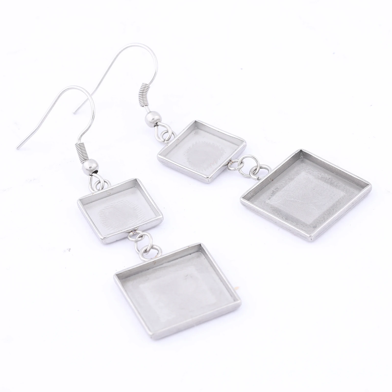 10pcs Stainless Steel Fit 10mm 15mm Square Cabochon Earring Bezel Setting Blanks With Dangle Charms Diy Ear Hooks Findings