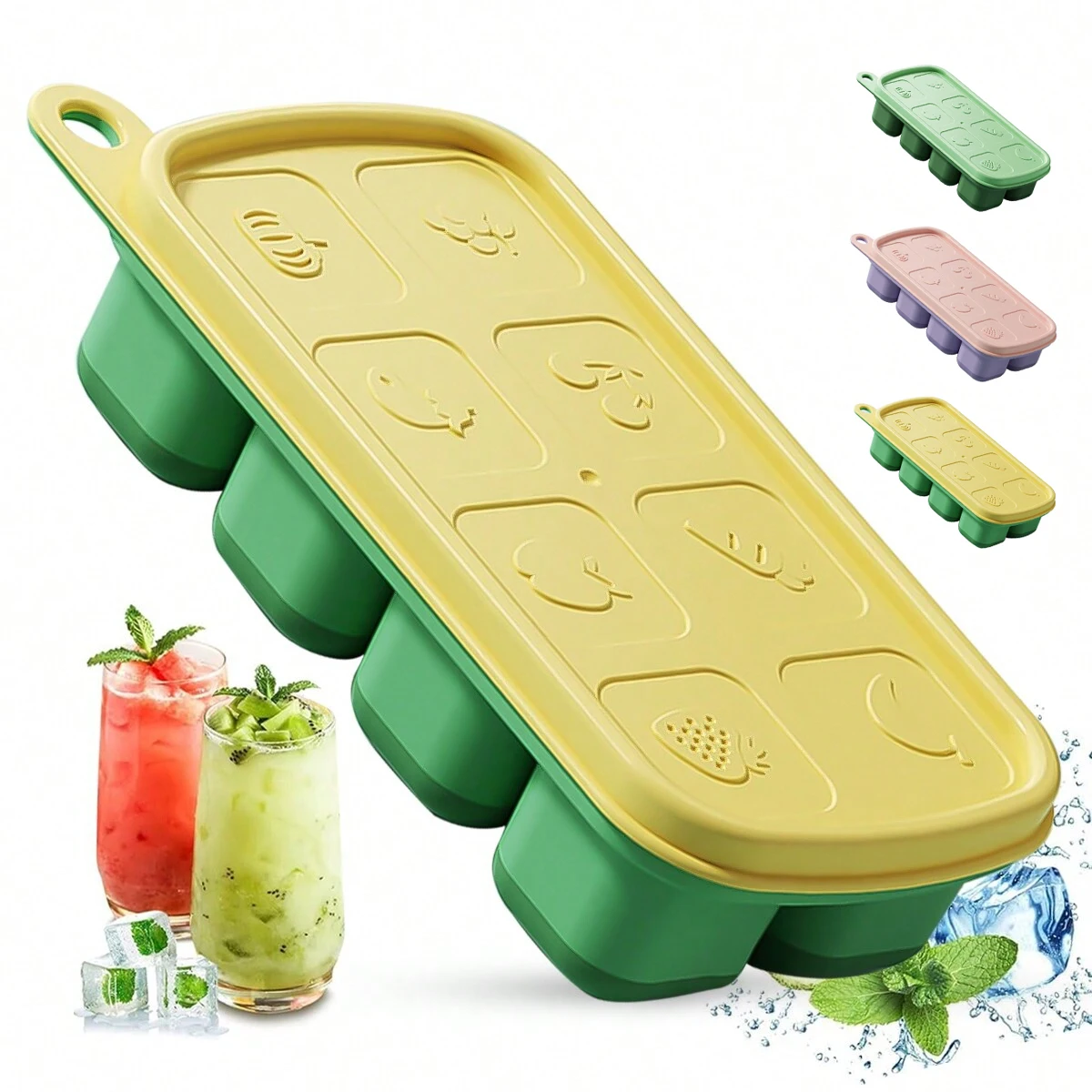 Leeseph Silicone Ice Cube Tray with Removable Lid, Reusable Square Ice Cube Molds, Kitchen Gadgets for Cocktails, Drinks