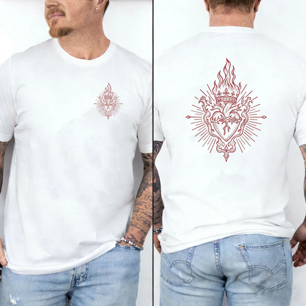 Minimal Line Drawing Crown Flame Sacred Heart Back Subtle Print T Shirt Cotton Crew  Religious Vintage Unisex Casual Basic Tees