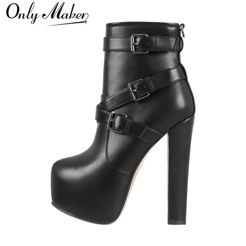 Onlymaker Platform Ankle Boots Women Round Toe Short Booties Block Chunky High Heel Black Thick Party Dress Handmade Shoes