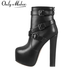 Onlymaker Platform stivaletti donna punta tonda stivaletti corti Block Chunky tacco alto nero spesso vestito da partito scarpe fatte a mano