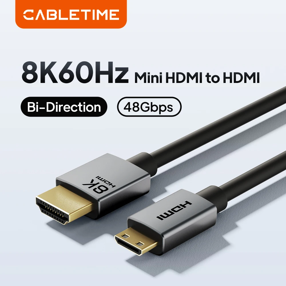 CABLETIME HD 8K 60Hz High-Speed Mini HD 2.1 Cable Mini HDMI to HDMI Cable 48Gbps HDMI 2.1 Cord for HDTV Tablet Camera