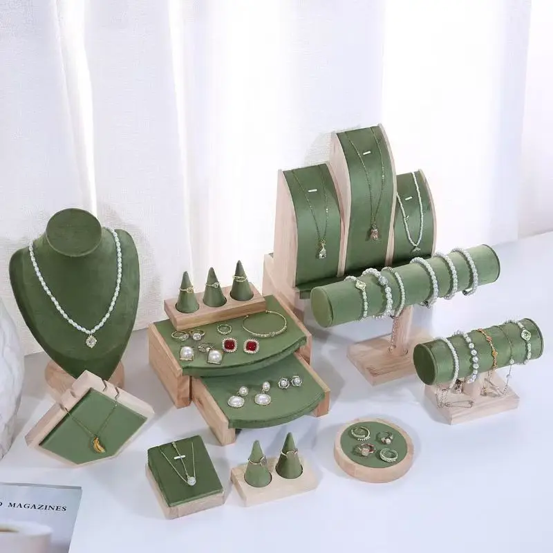 Light Luxury Green Velvet Series Jewelry Rack Necklace Bracelet Chain Earrings Ring Display Storage Stand Counter Showcase Props