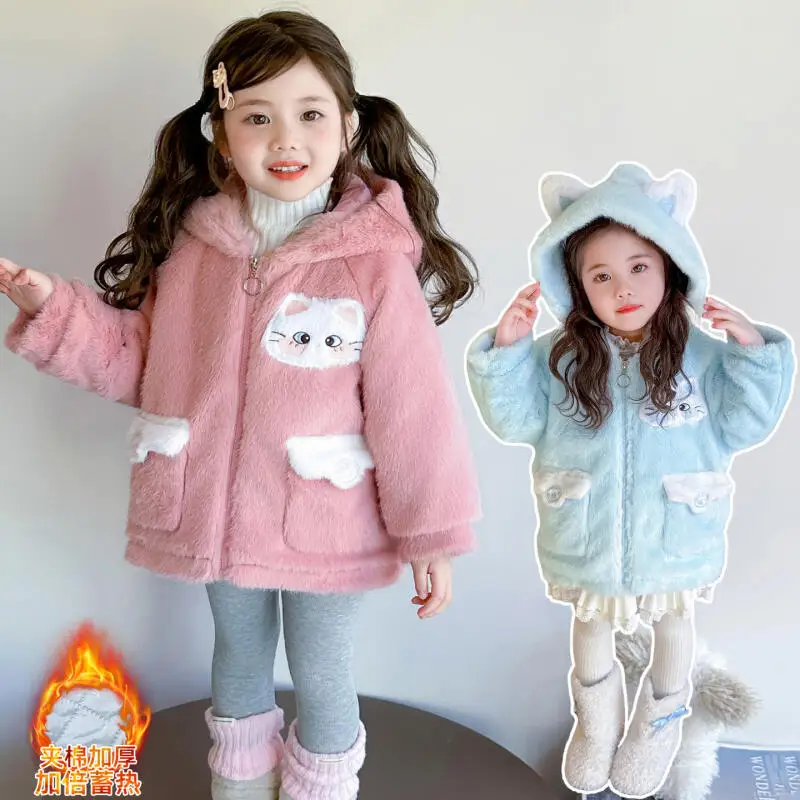 

Anime Hello Kitty Girls Cotton Clothes Winter Kids Cartoon Hooded Parka Coat Teen Thick Warm Princess Outerwear Plush Coat Gift