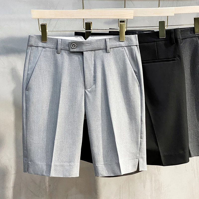 Summer Korean-Style Ice Silk Slim-Fit Men's Casual Shorts, Light Business Straight Thin Dress Shorts, Trendy Mid-Length Pants