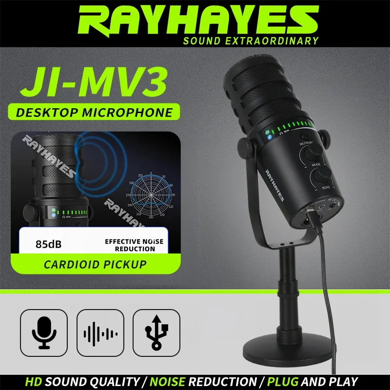 

Настольный конденсаторный микрофон RAYHAYES JI-MV3 с поддержкой интерфейсов USB/XLR, функциями мониторинга в режиме интэрнет-вокала и отключения звука.