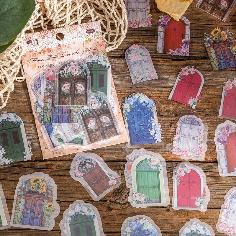 30 Pcs Sticker bag Art clock flower door Glassware Key Bird cage plant flower collage PET hand tent material stickers 6 Models