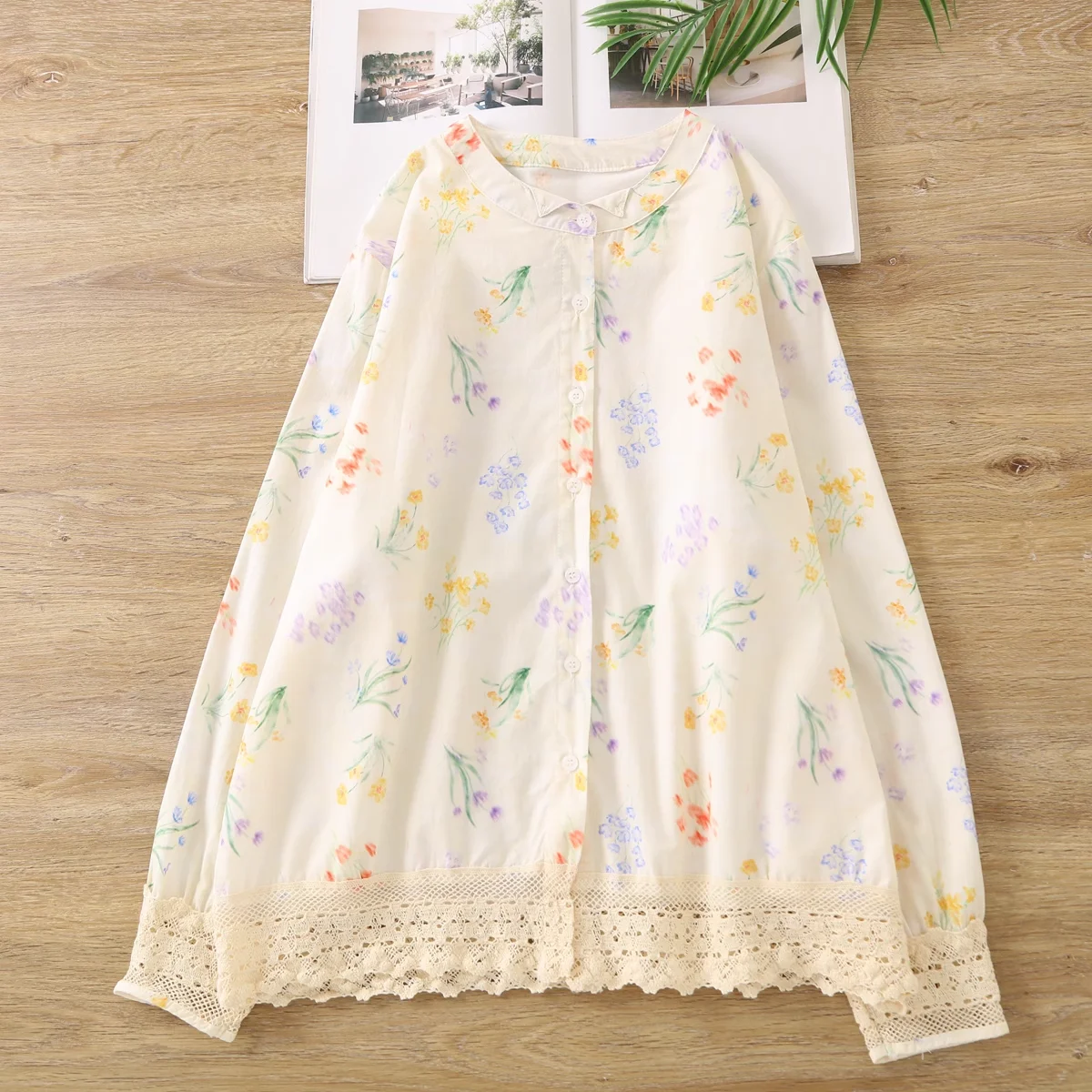 

Японские винтажные модные кружевные рубашки с лоскутным принтом, блузки с длинными рукавами для женщин, топы, одежда в богемном стиле