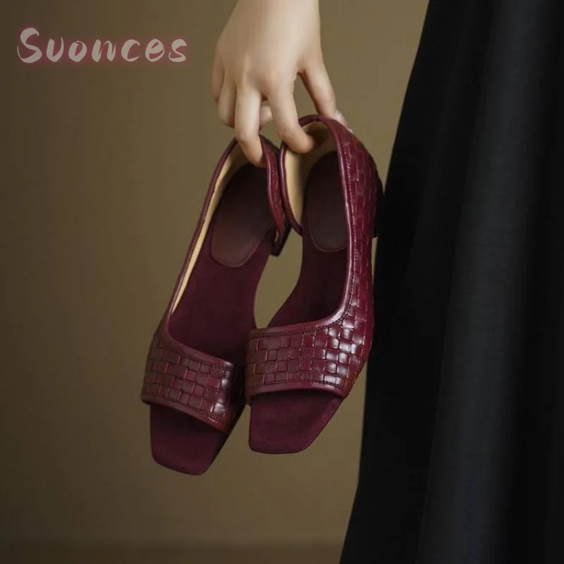 Slip On Open Toe Mule Sandals Full Hand Braided Leather Wide Single Band Square Toe Smooth Casual Outdoor Open Toe Footwear