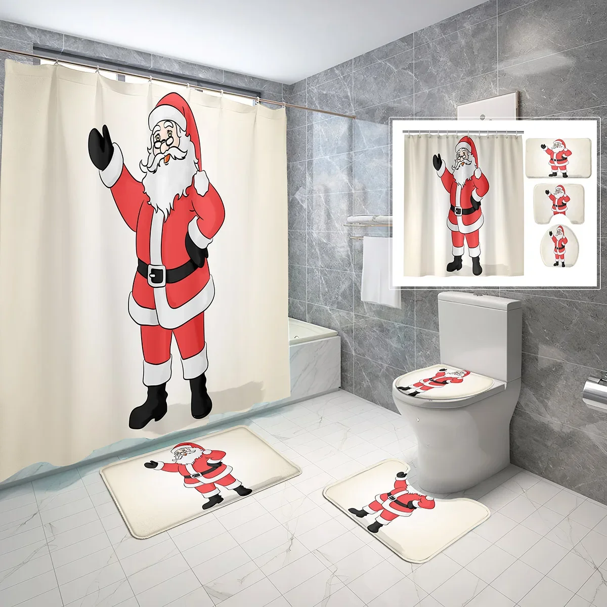 4 PCS Christmas Holiday Bathroom Curtain Set Merry Christmas Santa Claus Shower Curtain Bathroom Non-Slip Bath Mat Toilet Cover