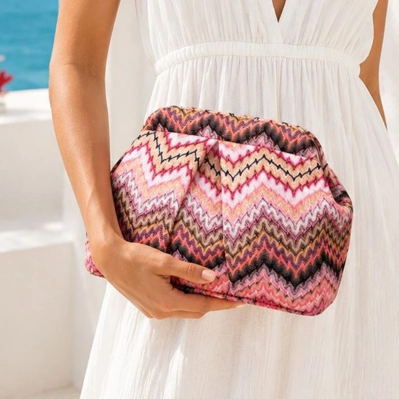 Summer Bohemian Pleated Clutch Bag Fashionable Color-Blocking Pleated Cloud Bag Elegant Socialite Evening Party Wedding Bag