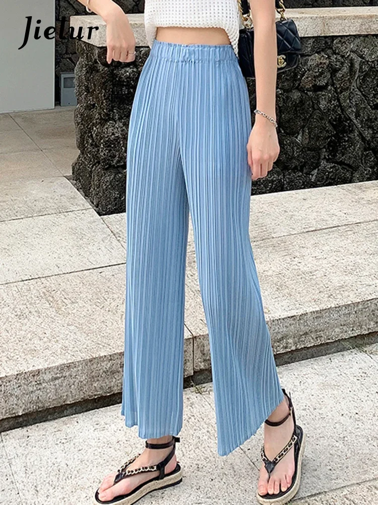 Jielur Green Pleated Elastic Waist Female Pants Straight Solid Color Summer Office Lady Korean Style Light Blue Chic Women Pants