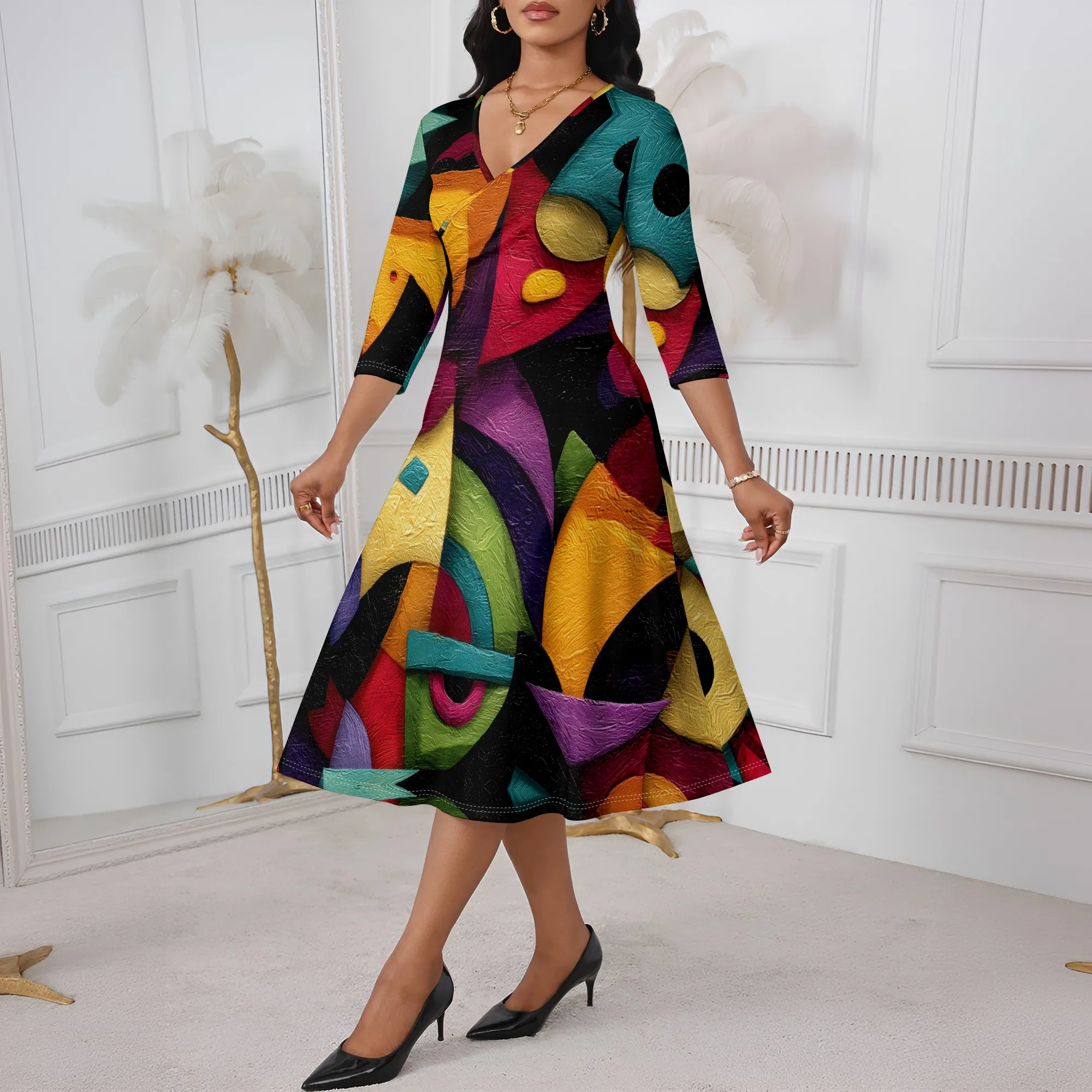 

Women's Artistic Abstract Print Dress V-Neck 3/4 Sleeve A-Line Midi for Work Office Art Teacher Plus Size XS-3XL