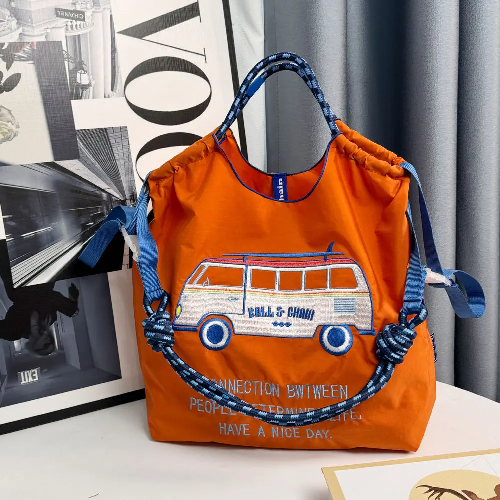 

Overlarge Bus Embroidery Tote Bag Nylon Eco Women Shoulder Bag Rope Drawstring Designer Bags for Women Handbag Shopper Purses