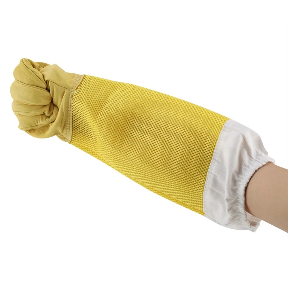 1 Pair Mesh Sleeve Beekeeping Protective Gloves Leather Palm Yellow Beekeepers Gloves Synthetic Leather Glove
