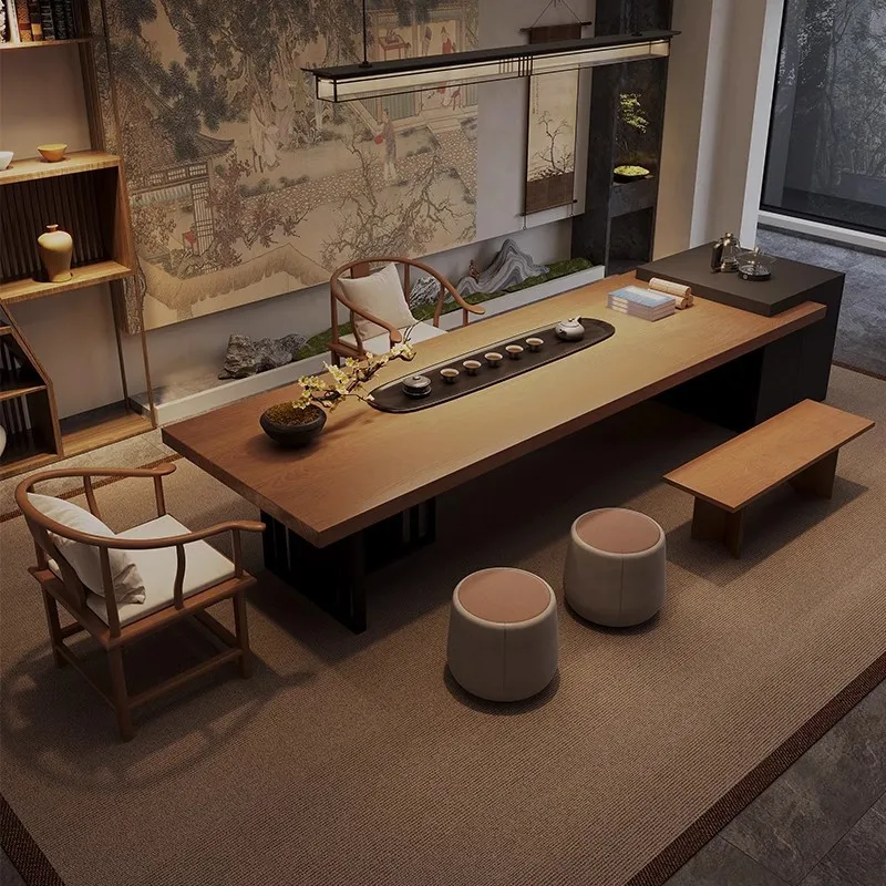 

Solid wood island tea table and chair combination office zen home living room induction cooker integrated high-end