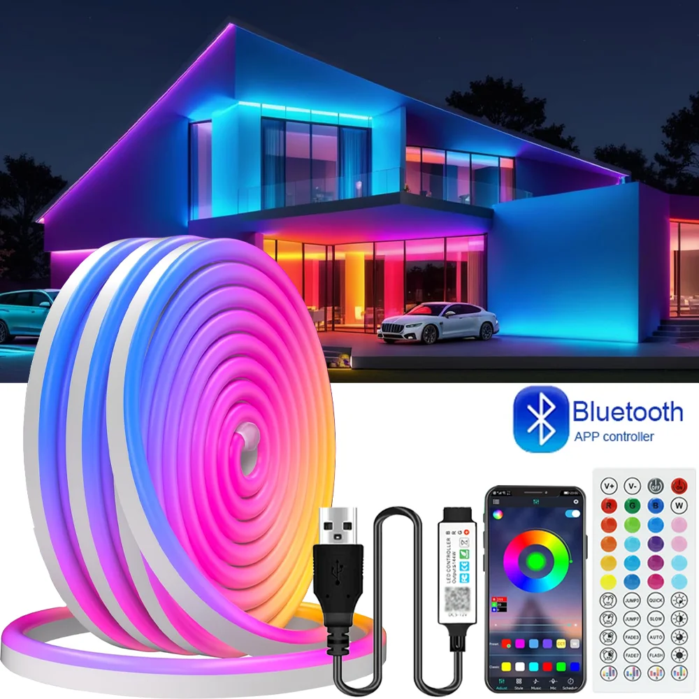

5V USB Neon LED Strip Lights Silicone Neon Rope Light with Bluetooth Remote APP Control Music Sync RGB Strip Tape for TV Room