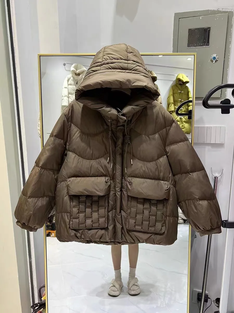 Parka con capucha para mujer, Chaqueta corta de pan, abrigo de plumón de pato blanco, abrigo de talla grande, ropa de invierno, 2023