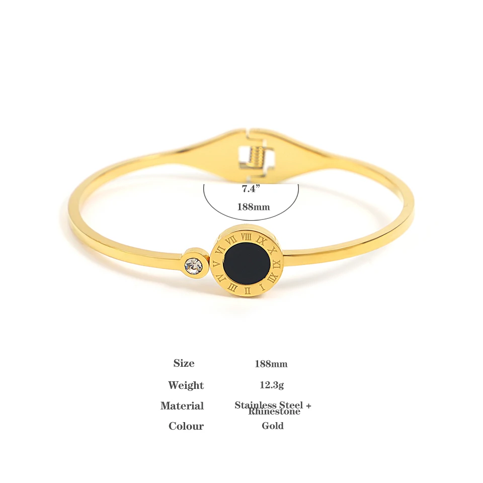 Greatera Stainless Steel Round Black Acrylic Roman Numerals Cuff Bracelet Bangles for Women Gold Plated Waterproof Charm Jewelry