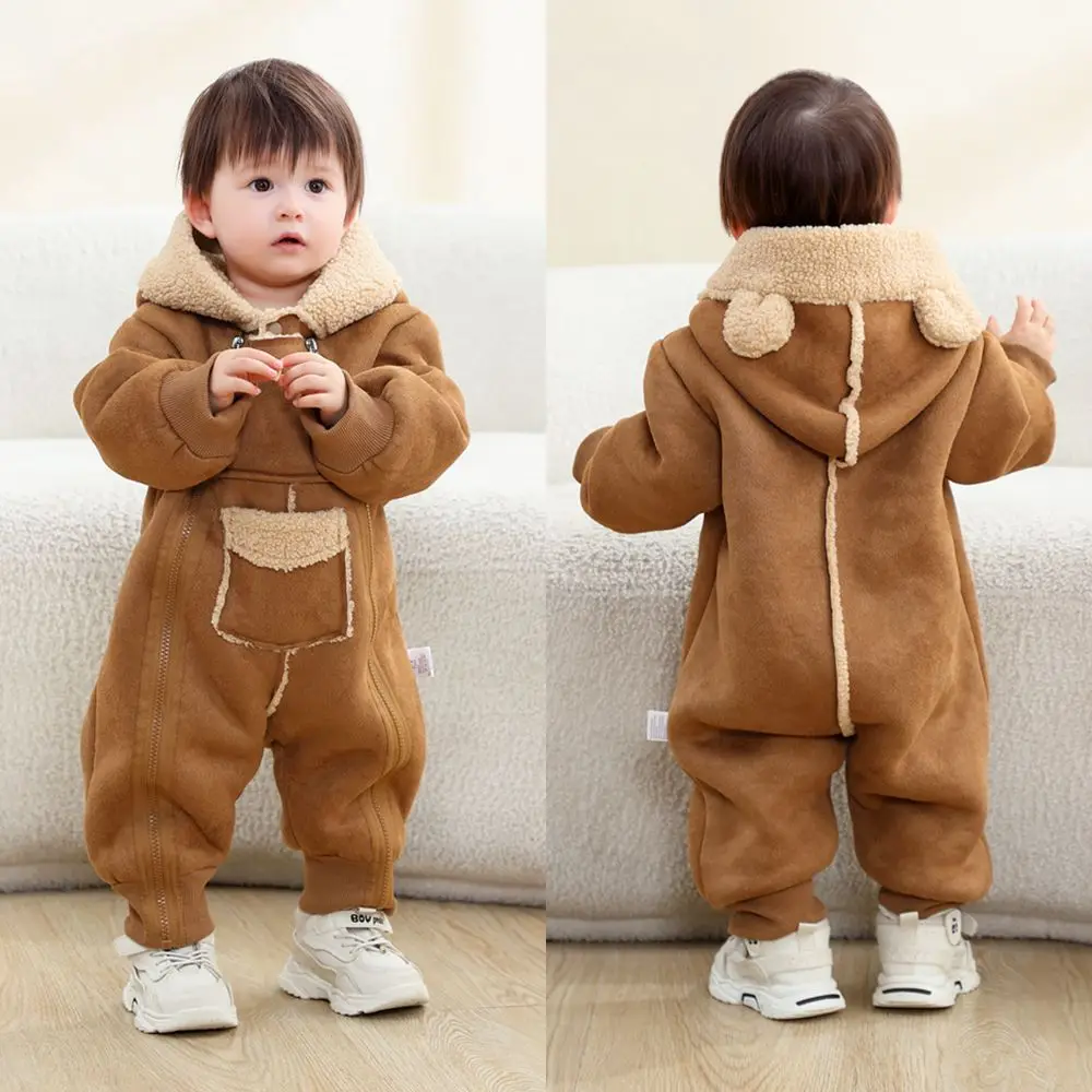 

2025 Winter New Baby Warm Lamb Fleece Romper Newborn Boy Girl Plus Velvet Thick Hooded Jumpsuit Cute Toddler Warm Clothes