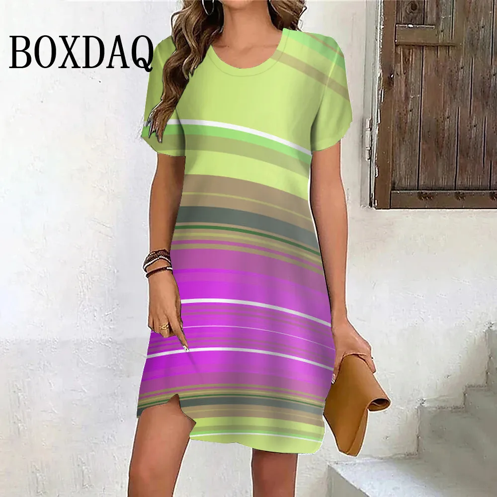 Summer Casual Sweet Gradient Striped Dress Women Fashion Street Short Sleeve A-Line Dress Ladies Loose Party Mini Dresses 2024