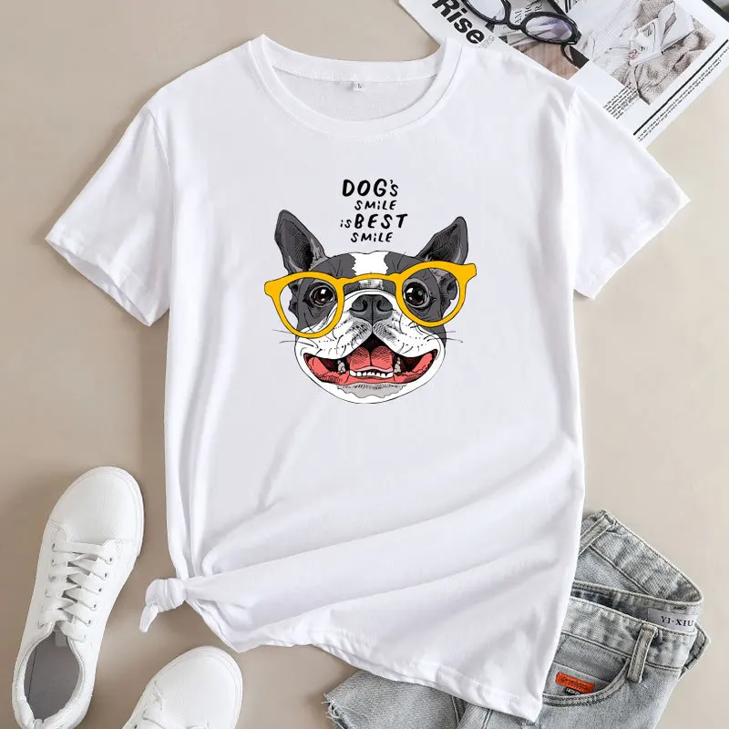 JBatteries CY-T-shirt à manches courtes pour femmes, T-shirt en coton, Vêtements pour femmes, T-shirt graphique chien mignon, Top à la mode, Été