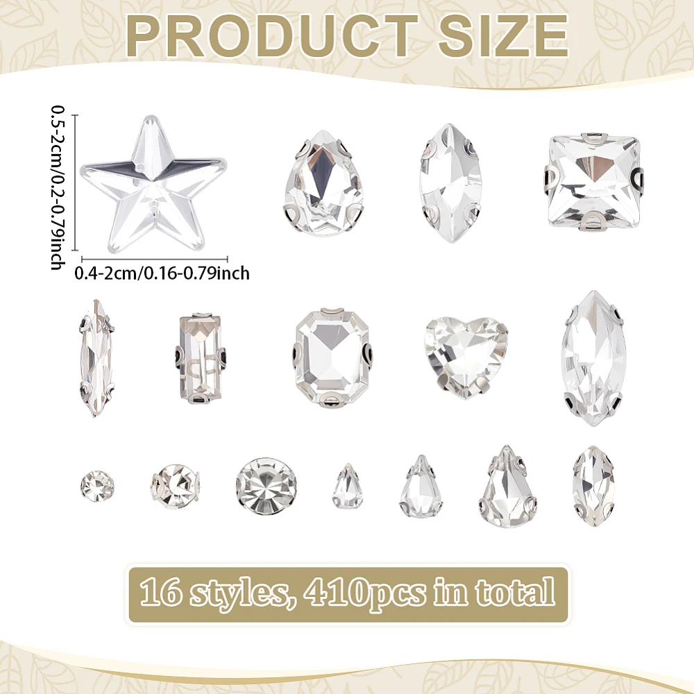 410Pcs 16 Styles Sew on Glass Faceted Rhinestone Decorations for Sew Mixed Shape Flatback with Stainless Steel Prong Settings