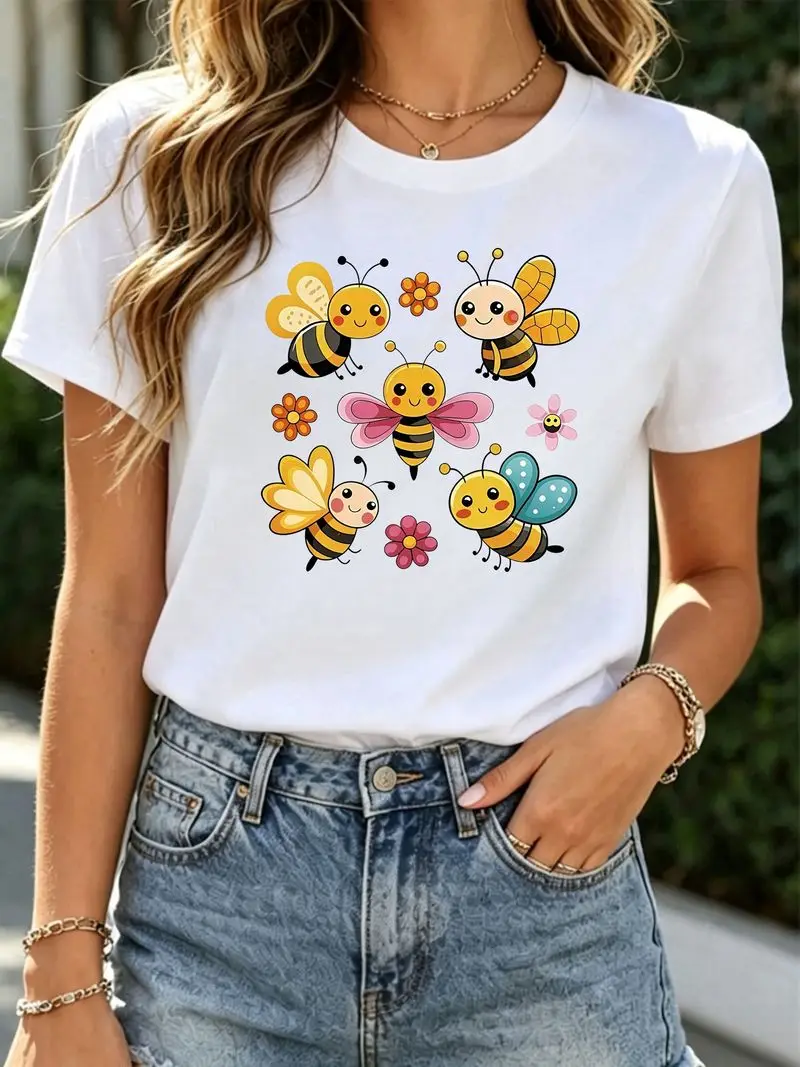 Women's White Cute Cartoon Five Smiling Bees Colorful Wings Floral Print T-Shirt Short Sleeve Polyester Casual Top Daily Wear