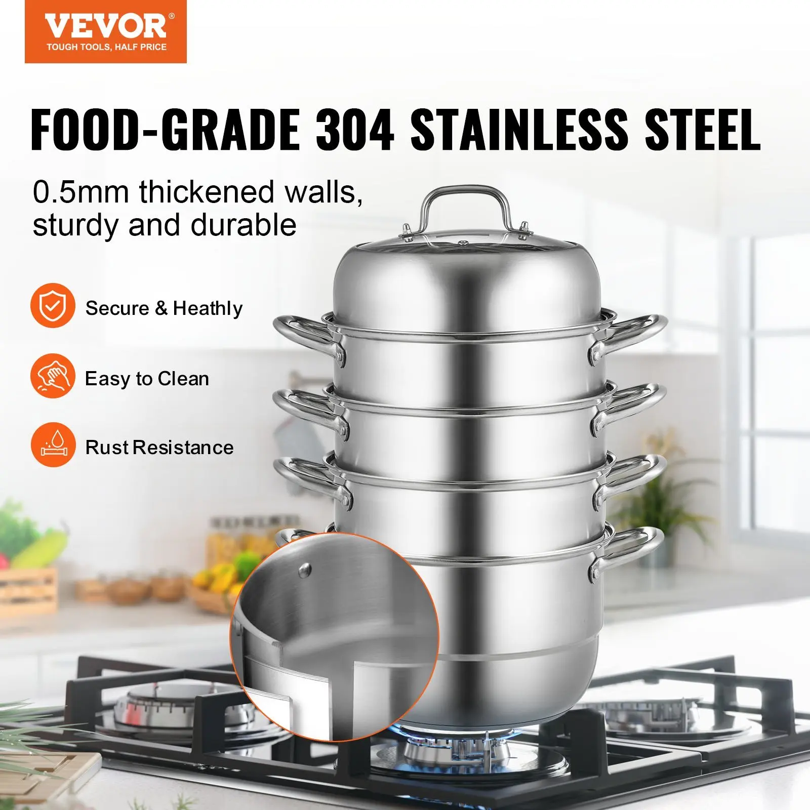 5-Tier Stainless Steel Steamer, 11'' Multi-Layer Cookware Pot with Handles on Both Sides, Dia-28cm, Sliver