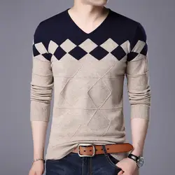 Autumn Winter New Men V-neck Pullover Sweaters Plaid Casual Korean Clothing Tees Fashion Slim Long Sleeve Bottoming Knitted Tops