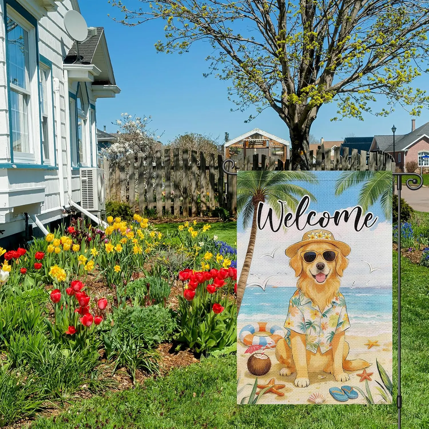 Louise Maelys Welcome Summer Garden Flag 12x18 Inch, Beach Golden Retriever Dog Yard Flag, Puppy Tropical Outdoor Double Sid YYQ