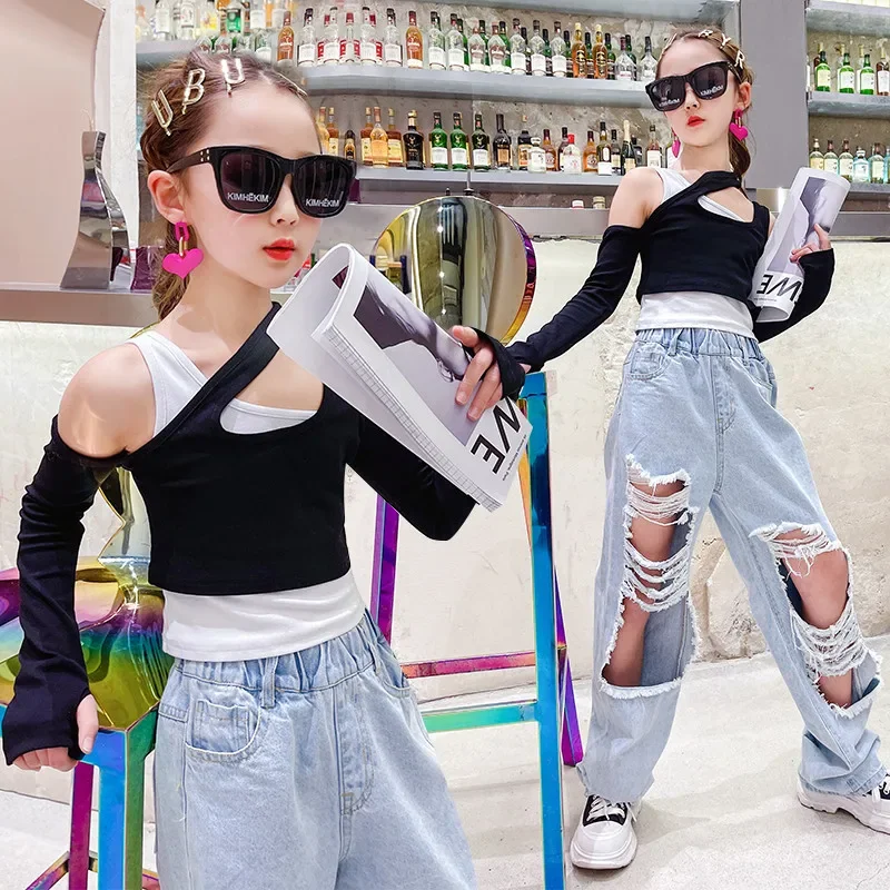 

hip hop fake-two pcs girls tshirt long sleeve black crop top hollow out dancing tee shirt tops teenage kids clothes 6 to 16 yrs