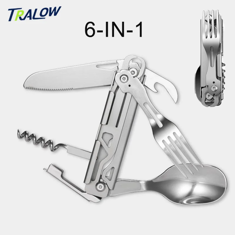 

TRALOW 6-in-1 Multifunctional Stainless Steel Cutlery with Detachable Folding Spoon Fork Knife and Bottle Opener Camping Travel