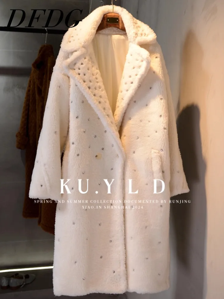

DFDG 2025 Autumn Winter Women’s Designer Elegant Faux Shearling Longline Coat Star Buttons Lapel Collar Minimalist Outerwear