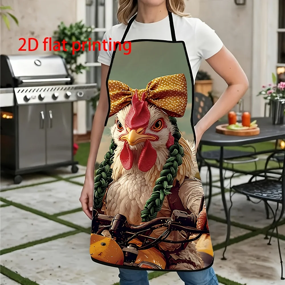 1pc  Funny Cowboy Chicken Riding Motorcycle Apron, Novelty 2D Print Kitchen Cooking Apron for Home BBQ Party Gifts
