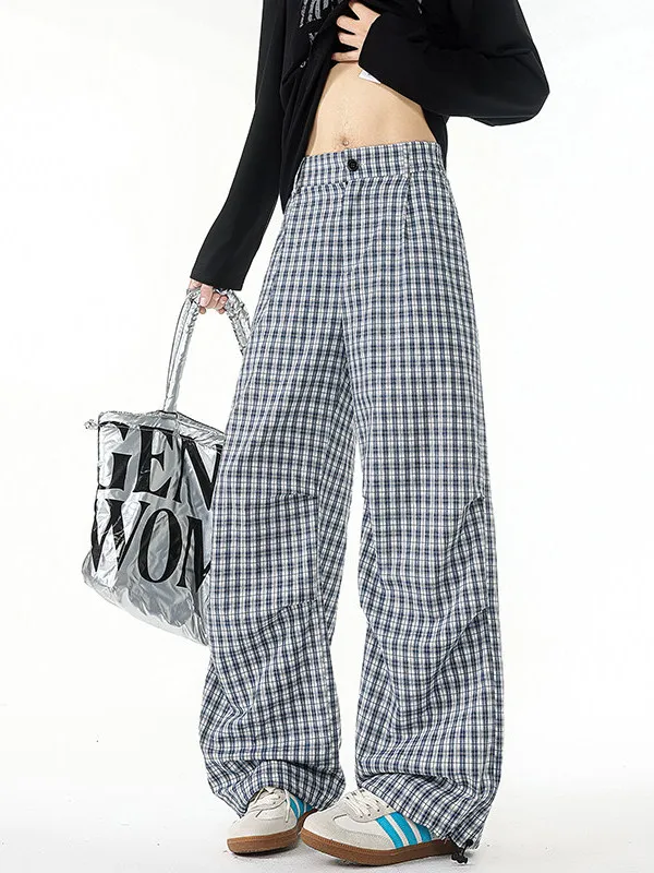 

American Retro Blue Plaid Men's Loose Casual Pants Lazy Sle Loose Sensation Pleated Paratrooper Straight Leg Trousers