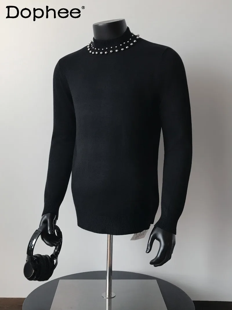 

Korean Fashion Trendy Men's Pearl Decorated Turtleneck Sweater Men's High-end Design Sense Black Inner Long-sleeved Base Shirt