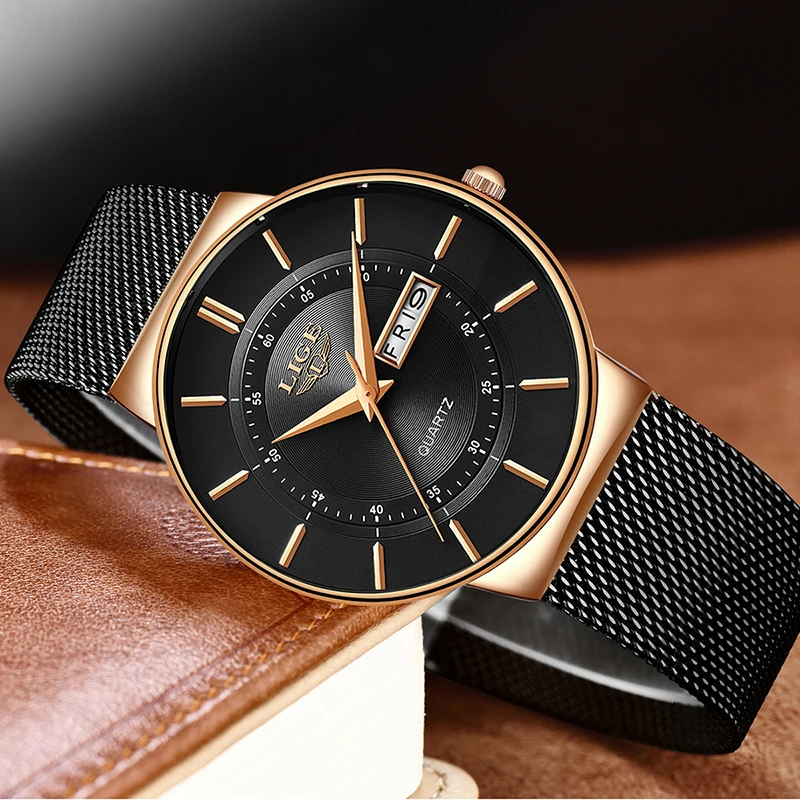 LIGE Fashion Men Watch Rose Gold Ultra Thin Mesh Military Waterproof Watches For Men Outdoor Sport Chronograph Quartz Wristwatch