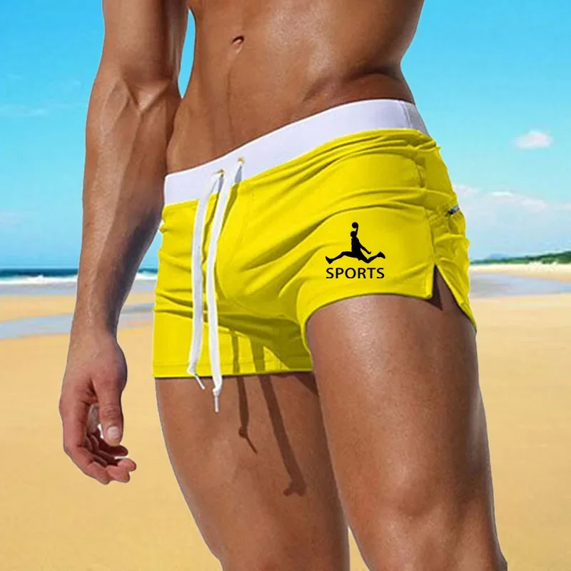 2024 Men\'s Beach Shorts Solid Color Fashionable Back Pocket Design Quick Drying Breathable Running Flat Angle Swim Shorts