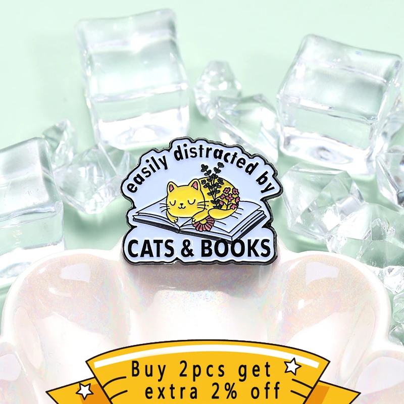 Easily Distracted By Cats And Books Enamel Pin Cute Leisurely Bookworm Kitty Animal Brooches Backpack Lapel Badge Jewelry Gift