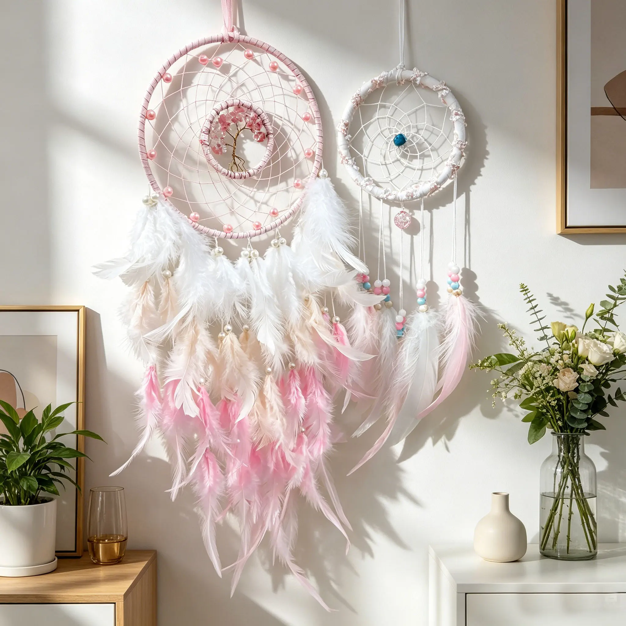 Baby Nursery Decor Girl - Bohemian 2Pcs Dreamcatcher Wall Hanging Natural
