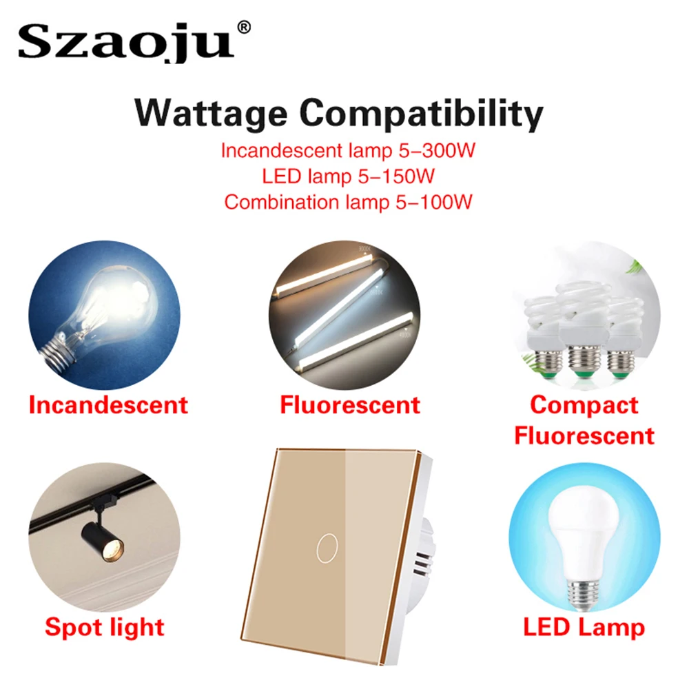 Szaoju EU Wall Touch Switch Crystal Tempered Glass Panel Light Switches 1/2/3 Gang 1 Way LED Indicator Sensor Electrical Button