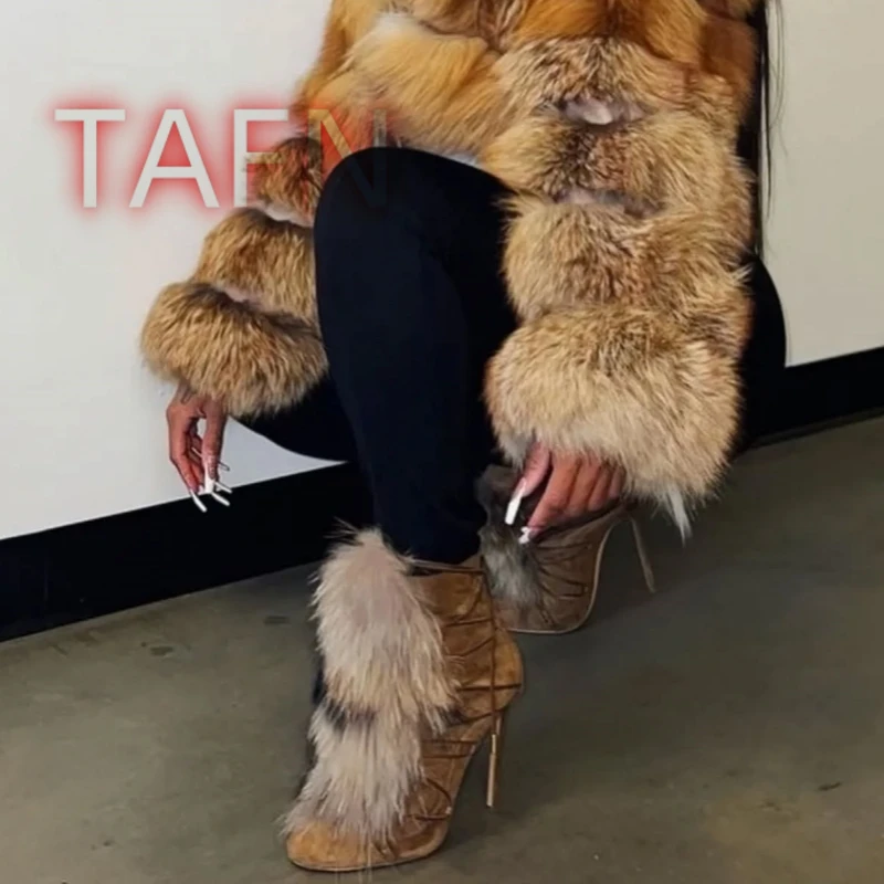 

Soft Fluffy Stiletto Ankle Boots Women Trendy Outfit Cross-tied Winter Snow Boots Woman Sexy Pointed Toe Boots with Back Zip