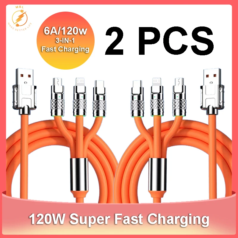 2PCS 6A 120W 3in1 USB Fast Charger Cable For iPhone 14 Micro USB Type-C 8-Pin Charging Cable For Huawei Samsung Xiaomi Wire Cord